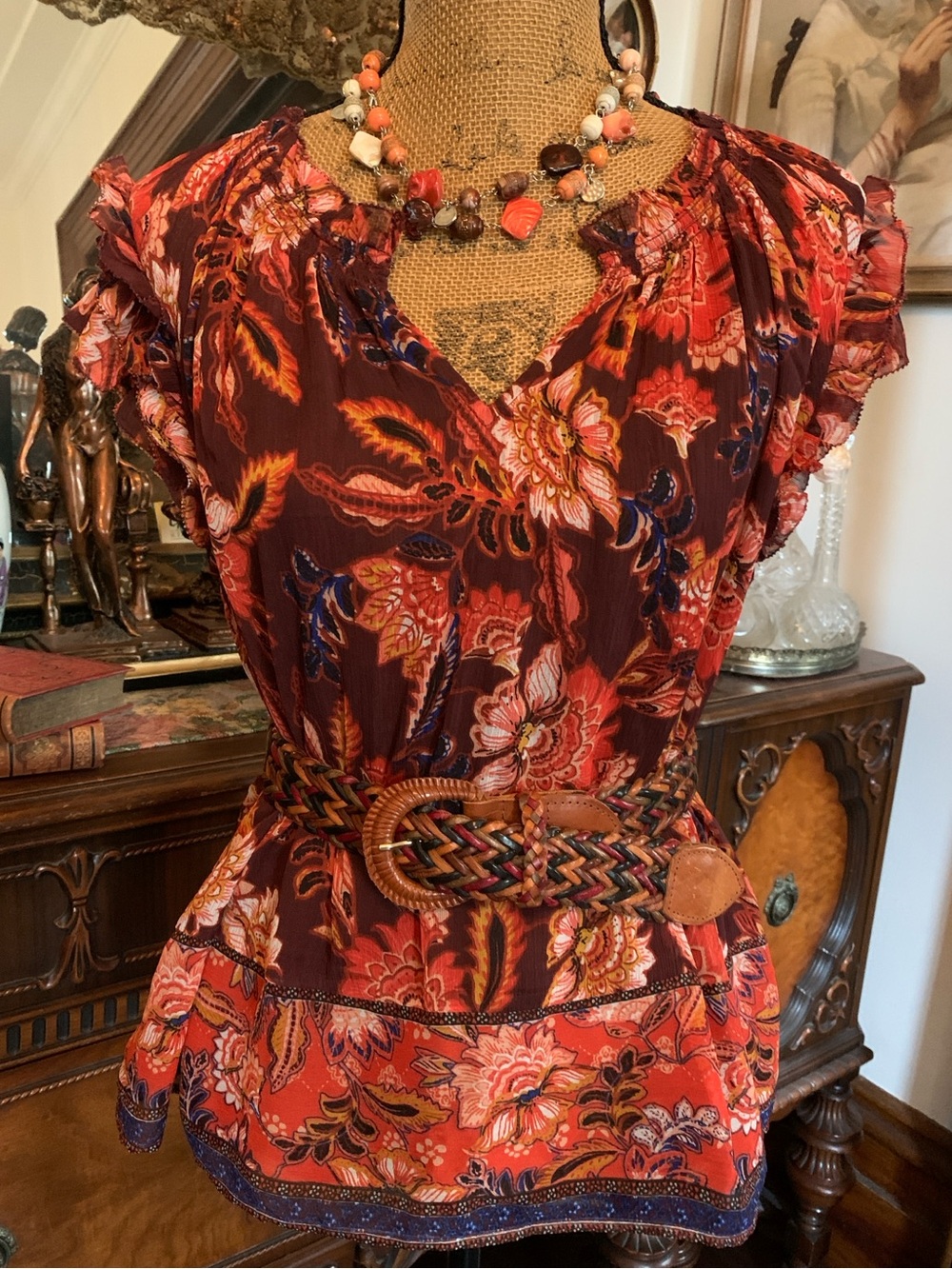 Pre-loved Autumn Fall Splendour Thanksgiving Chiffon Floral Ruffle Blouse Shirt